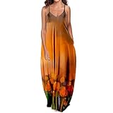 Vestido Maxi Suelto sin Mangas con Cuello en V para Mujer Vestido de Playa con Bolsillos Faldas Largas (Orange, XL)