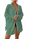 Bsubseach Mujer Vestido Corto de Playa Blusa de Manga Larga con Botones Cubrir Bikini Camisola y Pareos Verde