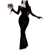 Disfraz de Cosplay de Morticia Addams, Vestido de miércoles, Vestido de Piso, Disfraz de Bruja gótica para Mujeres Adultas, Vestido Vintage con Peluca