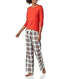 Amazon Essentials Conjunto para Dormir Ligero con Pantalón de Franela y Camiseta de Manga Larga (Disponible en Tallas Grandes) Mujer, Rojo Tartán, L