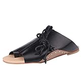 Minetom Sandalias Romanas Mujer Moda Verano Otoño PU Zapatilla De Cordones Plataforma Planas Zapatos Casual Peep Toe Negro EU 39