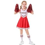 Disfraz Cheerleader Animadora Niña, Pompon Girl con Pompones(8-9 años,Rojo,Tag 140)