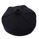 Sombrero Tam o' Shatner tradicional escocés de lana acrílica Tammy Pom Pom Pom Boina de tartán Balmoral Flat Kilt Bonnet Jimmy Hats, gorra plana, Negro Liso, L/XL