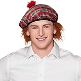Boland 81223 - Boina Mr. Tartan, a cuadros rojos, con borlas y pelo, banda elástica, gorra de tartán, sombrero, Escocia, Highlands, disfraz, carnaval, fiesta temática