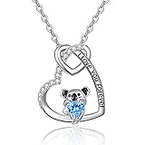 TANGPOET Collar de plata de ley 925 con colgante de animal de oso koala con colgante de doble corazón, colgante de corazón azul mar, collar de amor con circonita, regalos para mujeres y niñas
