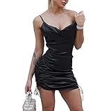 Vestido Satén Mini para Mujer Color sólido Vestido Fiesta Corto Sexy con Tirantes Ajustado Vestido Moderno con Arrugas y Cordones (Negro, S)