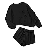 Conjunto de pijama casual para mujer, cuello redondo, manga larga, tres piezas, conjunto de pantalones cortos sueltos, camisón de manga corta, color negro, Negro , L