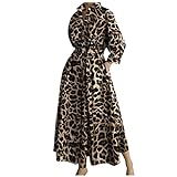LOIJMK Elegante vestido camisero para mujer, estampado de leopardo, manga larga, informal, de talle alto, falda de encaje, café, S