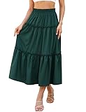 Clearlove Falda midi elástica para mujer, falda de verano, cintura alta, monocolor, línea A, falda con volantes, verde, XL