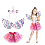 LSYYSL Traje de arco iris de dibujos animados de 3 piezas, vestido de arco iris para niños, vestido de princesa de color degradado, conjunto de alas de ángel, tutú, accesorios de disfraz de cosplay.
