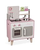 Janod - Wooden Macaron Cooker - Equipped with a Fridge and a Microwave - With Sound - Pretend Play - 5 Accessories Included - For children from the Age of 3, J06567, Pink and White