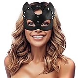 Hukermoon Carnaval Cosplay Máscara de Catwoman, Máscara de PU Negro, Máscara de Fiesta Halloween, Máscara Veneciana de Gato Adulto, Máscara Sexy para Mujer, Máscara de Media Cara para Gato Adulto