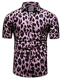 fohemr Camisa de Leopardo para Hombres Botones de Manga Corta Camisa Casual patrón Tigre Camisa de Verano Rosa X-Large