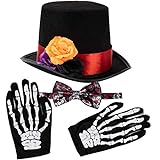 Spooktacular Creations 4 Pcs Halloween Día de los Muertos Juego de Accesorios de disfraces para hombres, incluyendo 1 par de guantes de esqueleto, 1 sombrero de los hombres y 1 pajarita