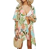 YloveM Playa Traje de baño Capas Mujer Cover Ups Gasa Estampado Floral Kimono Suelto Chal Cárdigan Boho Playa Verano Vestido de baño de Bikini Chaqueta (Rosa Verdoso)
