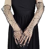 moreoustitory Guantes con patrón de telaraña con tema de Halloween, guantes elásticos de etiqueta nupcial con dedos completos, guantes transparentes de encaje