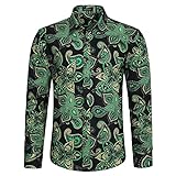 HISDERN Camisas Florales para Hombre Casuales Elegante Verde Funky Paisley Camisa de Manga Larga con Botones Playa Fiesta L