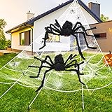 HOTSAN Decoraciones de araña de Halloween - Decoración de Tela de araña Triangular de 508 cm + 2 arañas Gigantes de Halloween aterradoras con telarañas pequeñas elásticas